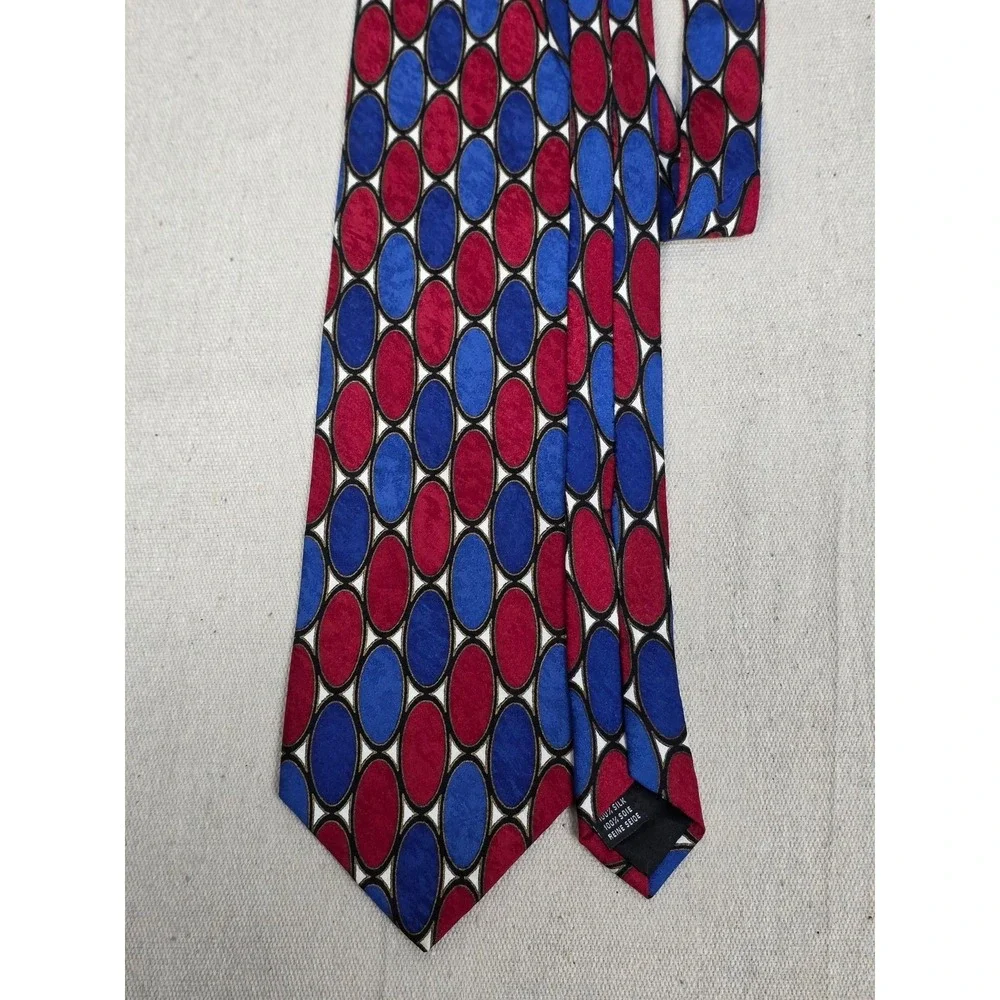 Bachrach Mens Silk Necktie Blue‎ Red Geometric Oval Pattern Made in Italy